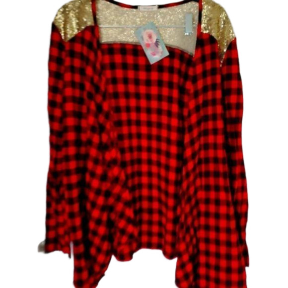 🍁NEW Gorgeous Red/Black Buffalo Plaid Carnigan with Gold Sequins Size Small - Picture 3 of 7